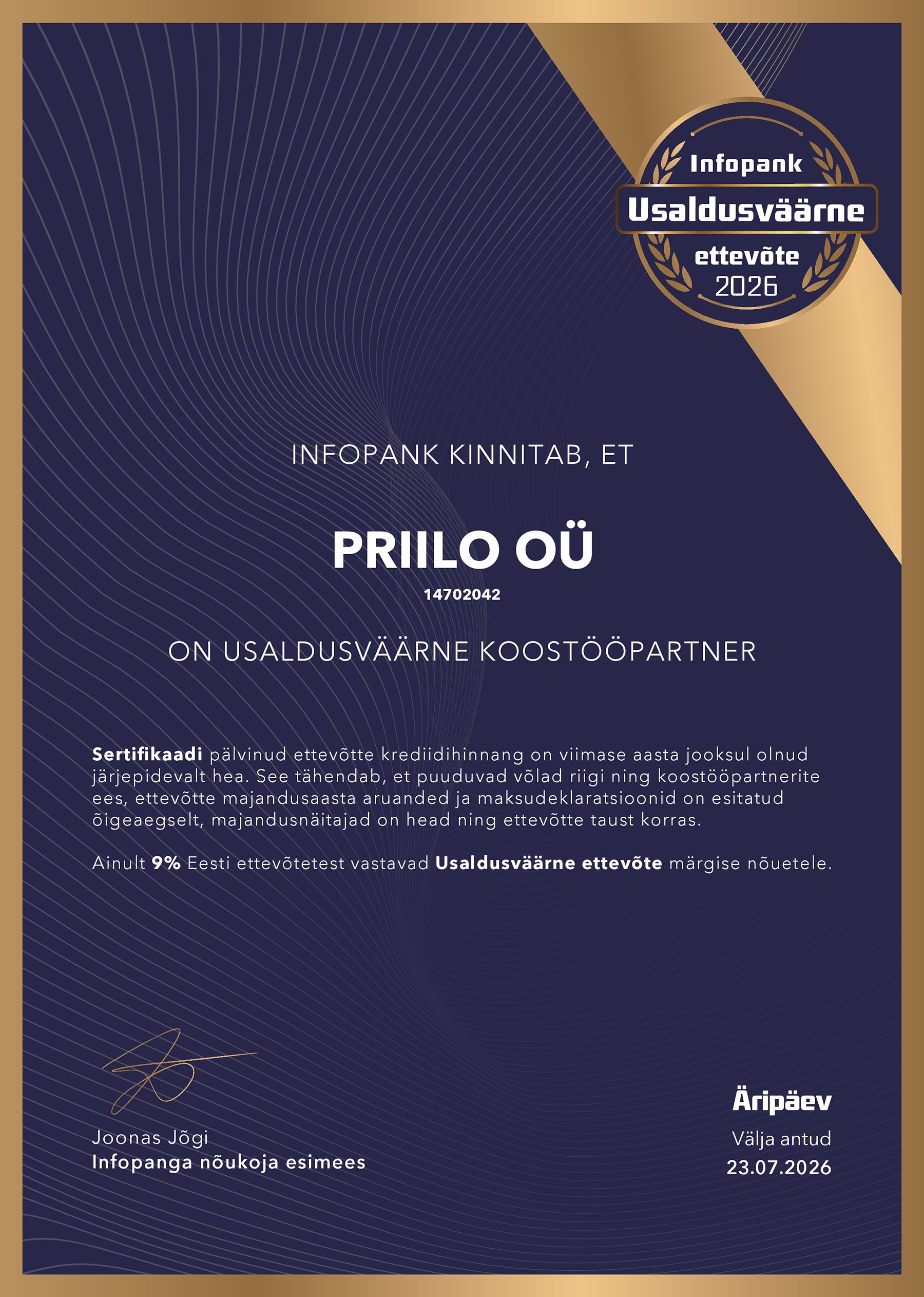 PRIILO_OU_14702042_Usaldusvaarne_ettevote_2026_Sertifikaat_EE